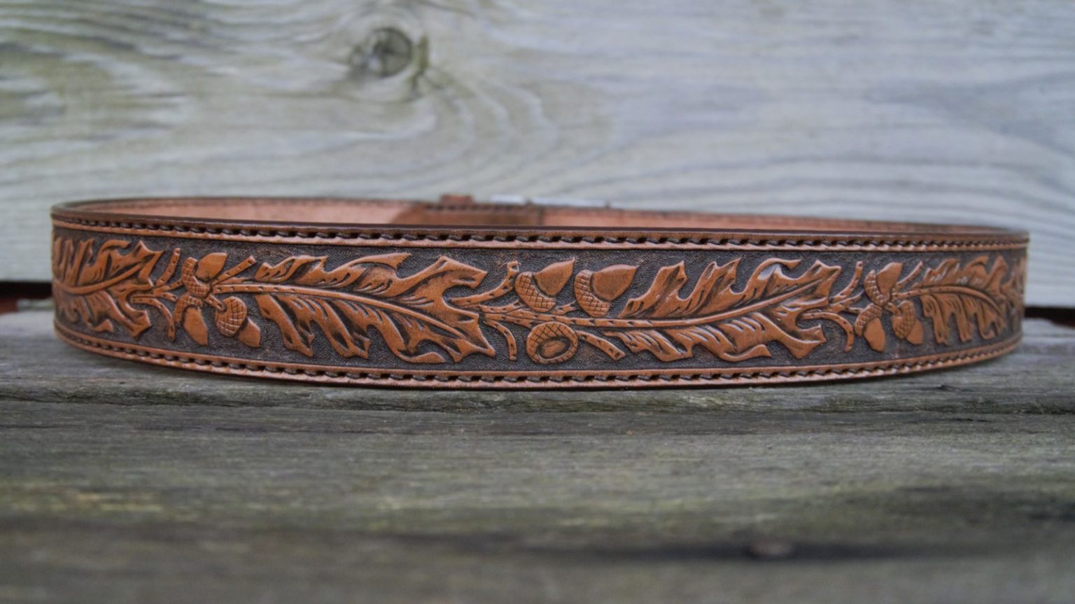 Men’s 1.75 inch Wide Hand Carved, Tooled & Saddle Stitched Oak Leaf ...