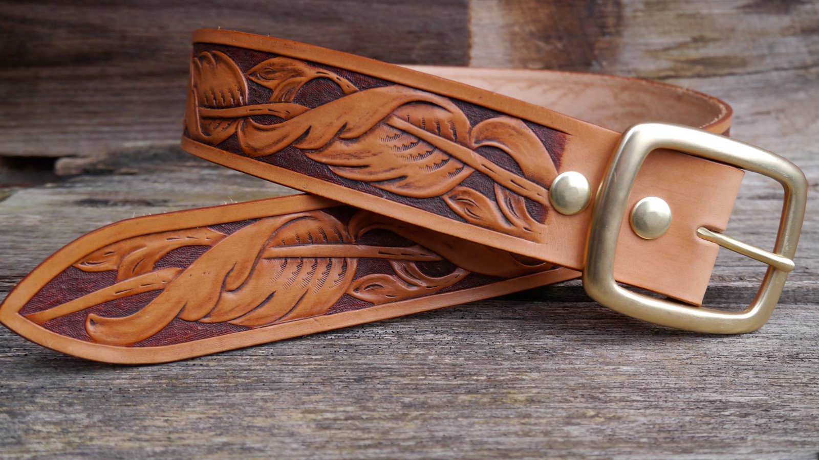 Men’s 2 inch Wide Hand Carved & Tooled Leaf Pattern Leather Belt