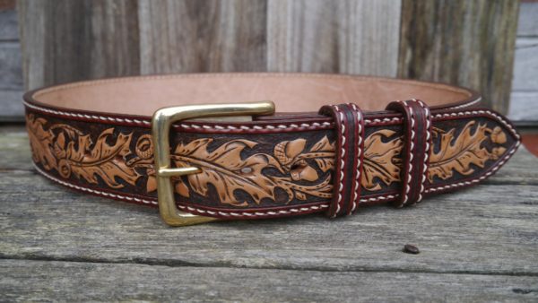 Men’s 2 inch Wide Hand Carved & Tooled Oak Leaf Leather Belt