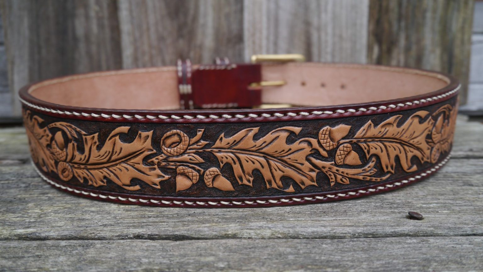 Men’s 2 inch Wide Hand Carved & Tooled Oak Leaf Leather Belt