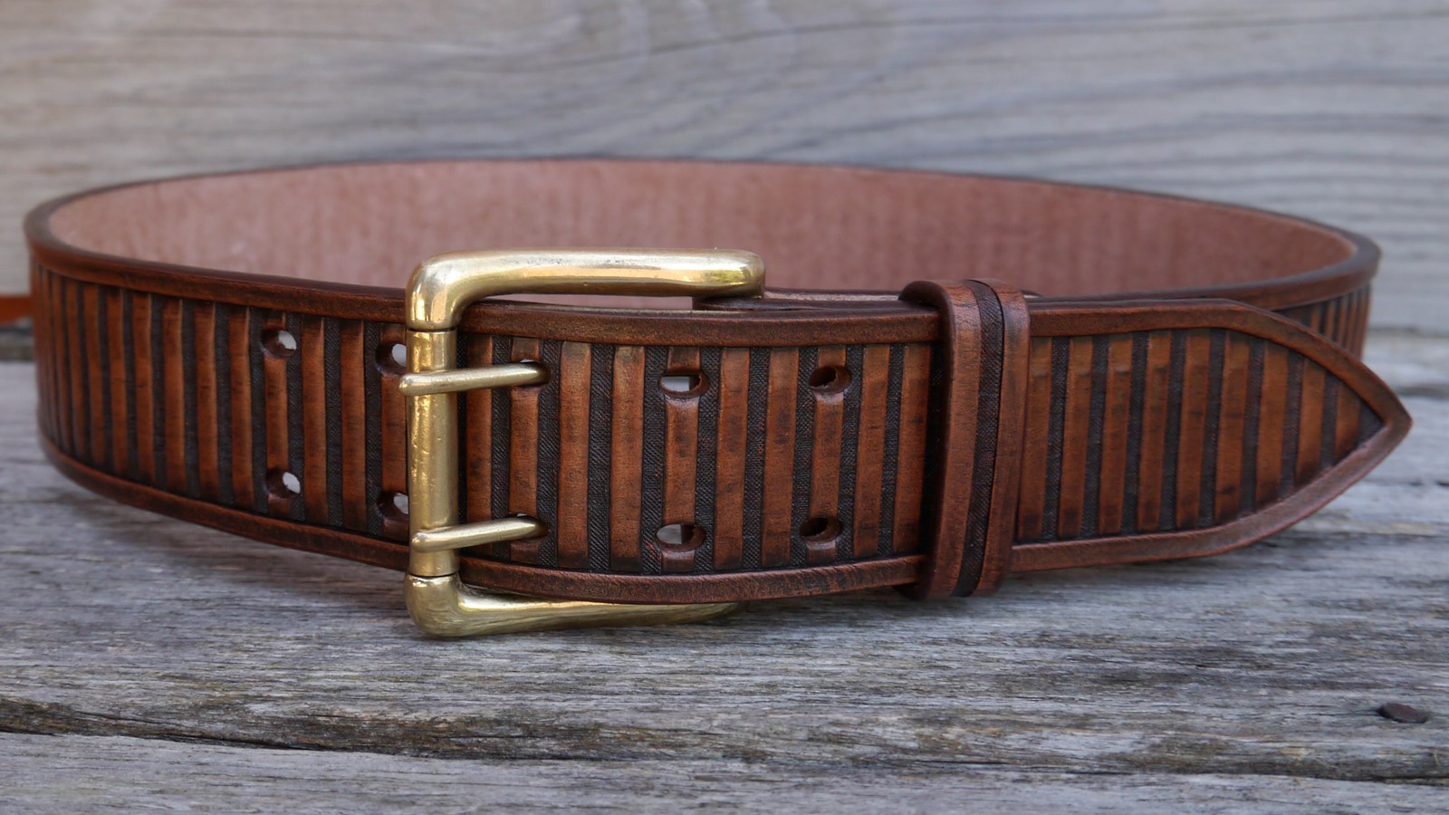 Men s 2 Inch Wide Hand Carved Tooled Vertical Stripe Leather Belt