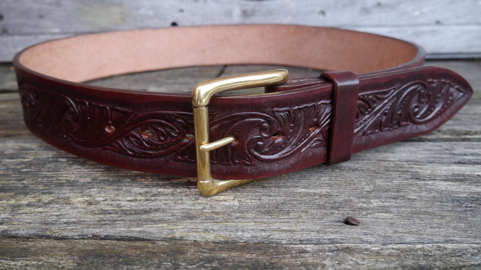 Men’s 2 inch Wide Leather Belt Hand Carved & Tooled Wave Pattern