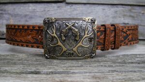 Men's 2 inch Wide Leather Belt, Extra Heavy Hand Carved, Tooled & Buck Stitched Oakleaf Pattern