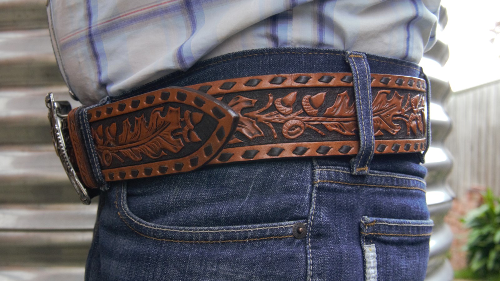 Men s 2 Inch Wide Leather Belt Extra Heavy Hand Carved Tooled Buck 