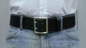 Men's 2 Inch Wide Leather Belt in Black with Solid Stainless Steel Dual Tine Buckle
