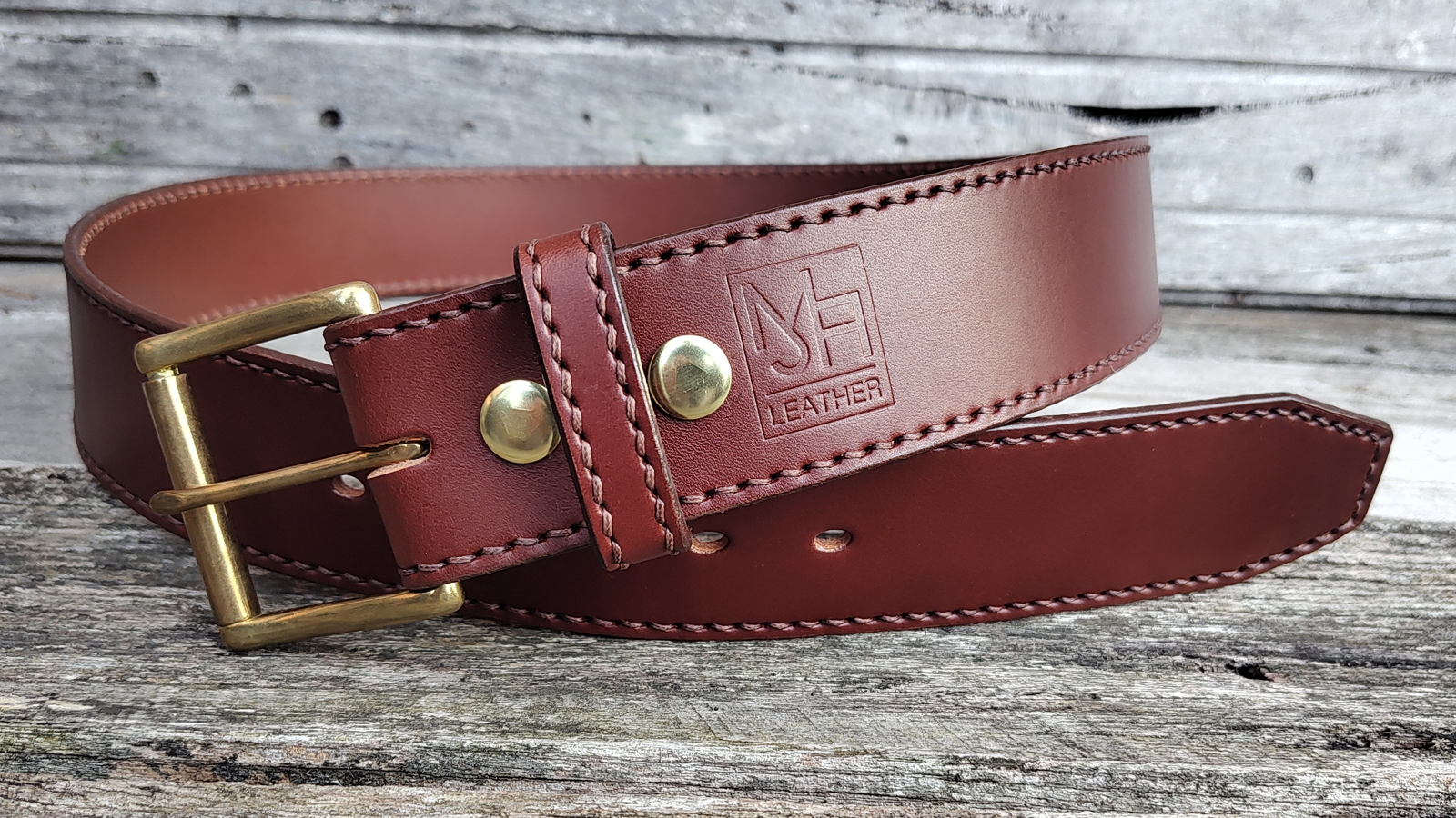 Men's 2 Inch Wide Leather Belt Hand Saddle Stitched in Cognac With Brown Saddle Stitching - Image 3