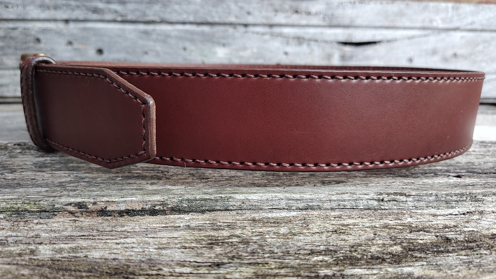 Men's 2 Inch Wide Leather Belt Hand Saddle Stitched in Cognac With Brown Saddle Stitching - Image 4