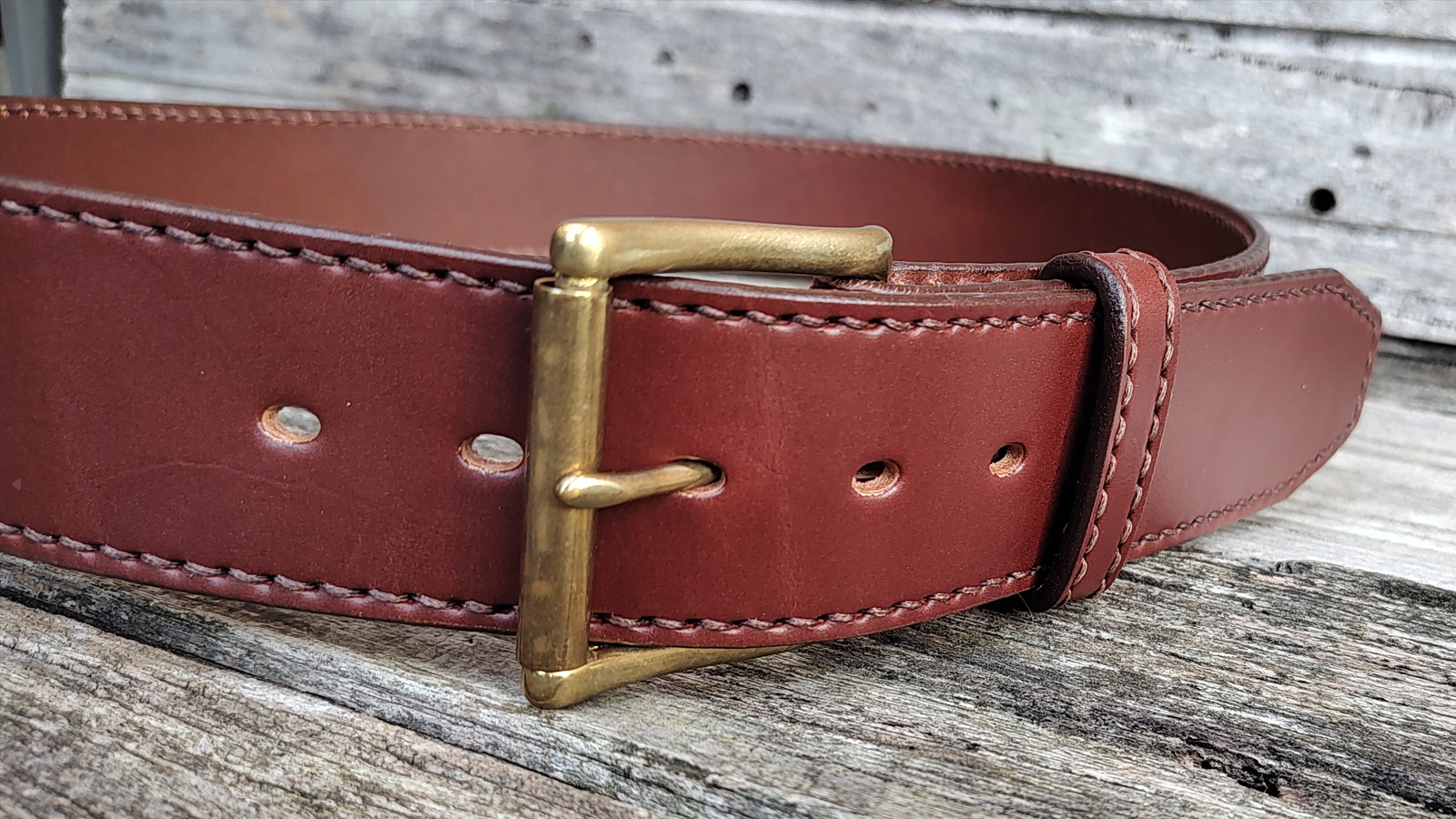 Men's 2 Inch Wide Leather Belt Hand Saddle Stitched in Cognac With Brown Saddle Stitching - Image 2