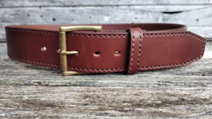 Men's 2 Inch Wide Leather Belt Hand Saddle Stitched in Cognac With Brown Saddle Stitching