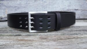 Men's 2 inch Black Leather Belt Triple Tine Buckle