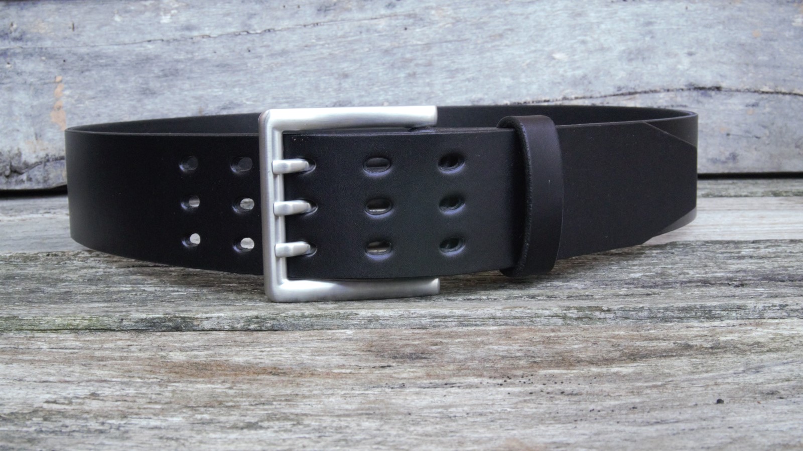 Men's 2 inch Black Leather Belt Triple Tine Buckle