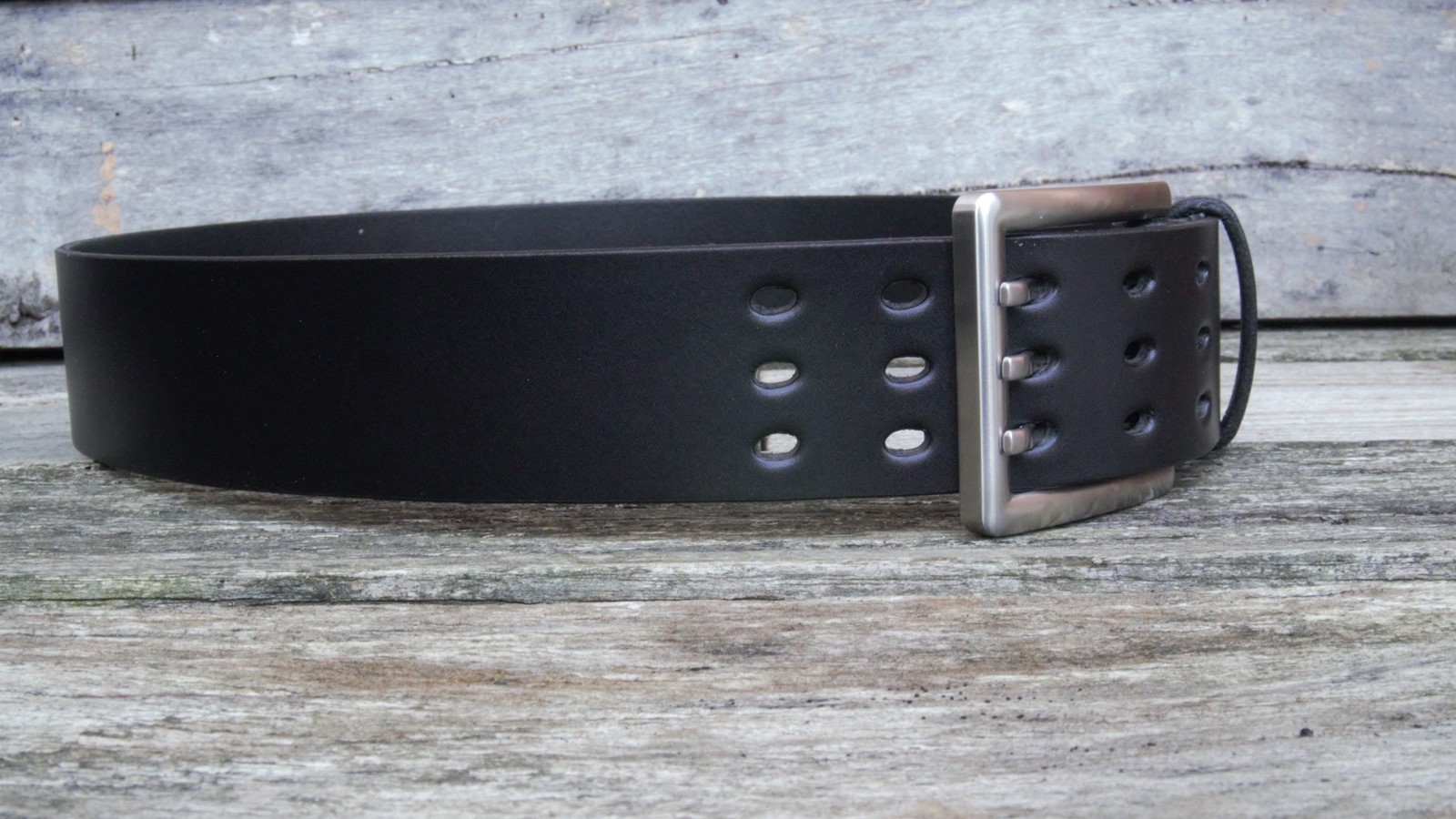 Men's 2 inch Black Leather Belt Triple Tine Buckle - Image 5