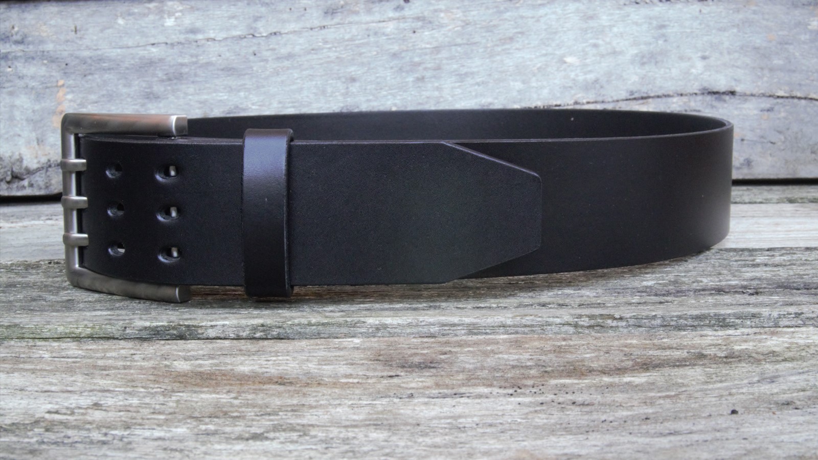 Men's 2 inch Black Leather Belt Triple Tine Buckle - Image 4