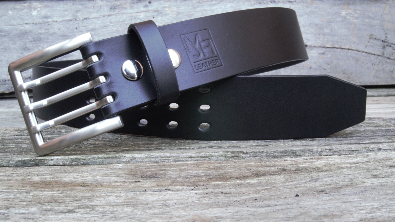 Men's 2 inch Black Leather Belt Triple Tine Buckle - Image 3