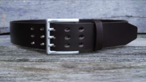 Men's 2 inch Brown Leather Belt Triple Tine Buckle