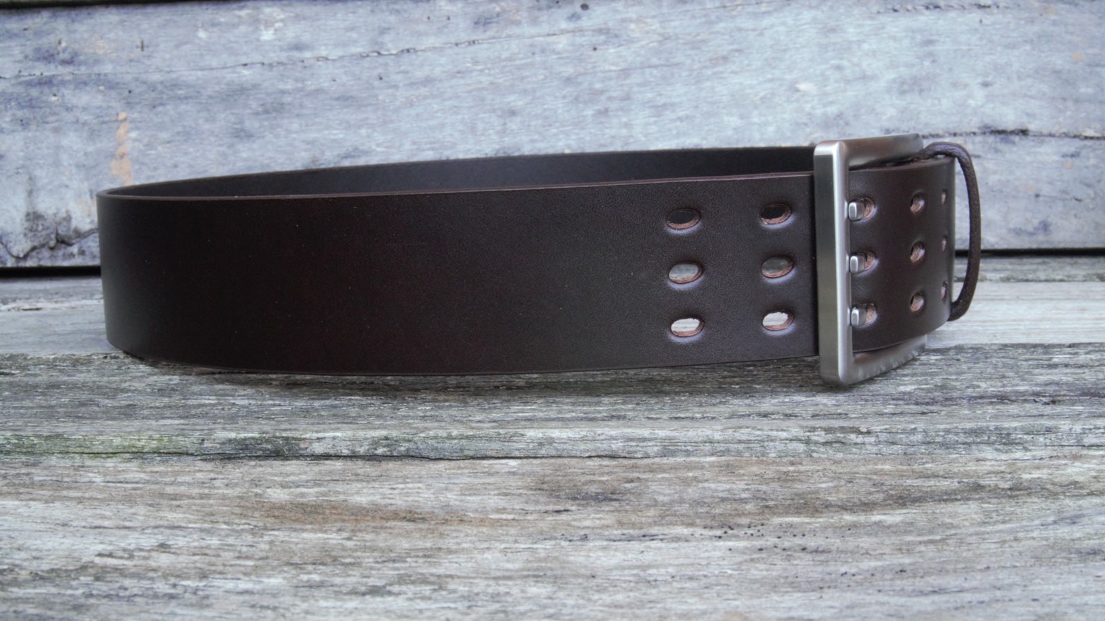 Men's 2 inch Brown Leather Belt Triple Tine Buckle - Image 3