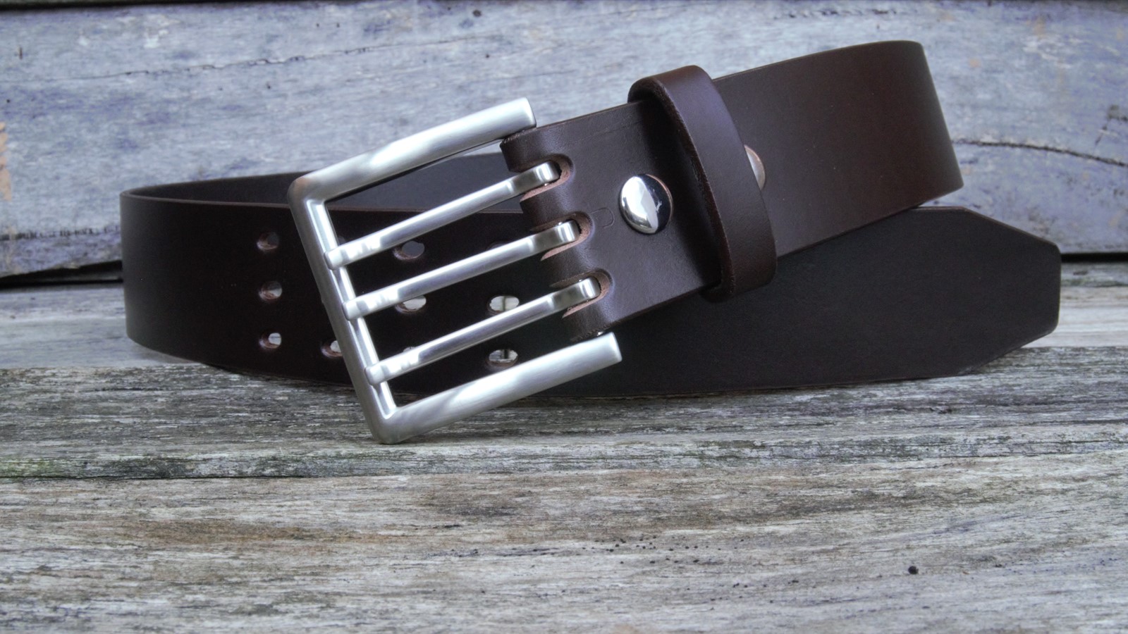Men's 2 inch Brown Leather Belt Triple Tine Buckle - Image 2