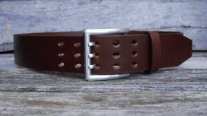 Men's 2 inch Cognac Leather Belt Triple Tine Buckle