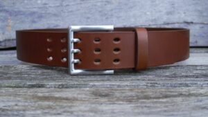 Men's 2 inch Tan Leather Belt Triple Tine Buckle