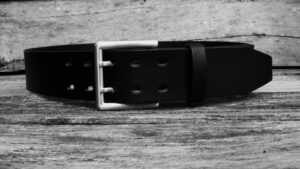 Men's 2 inch Black Leather Belt Double Tine Buckle