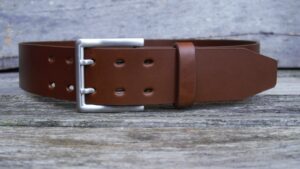 Men's 2 inch Tan Leather Belt Double Tine Buckle